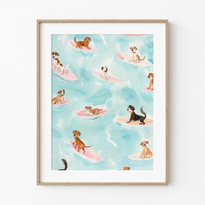 Whimsical Dog Surfer Show | Fanciful Ocean Dog Lover Art | Fun Whimsical Painting | Coastal Beach Waterdogs | Colorful Pastel Watercolor