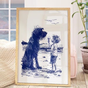 a picture frame with a picture of a dog and a boy