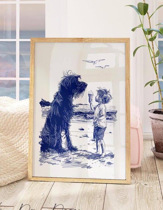 Irish Wolfhound Dog Art | Sharing Boys Ice Cream | Vintage Coastal Home Print | Adorable & Cute Beach Nursery Wall Decor | Navy Blue Sketch