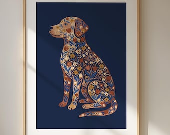 Folk Floral Dog on Navy | Rich Botanical Heirloom Art | Scandinavian Style Bedroom Decor | Dog Lover Gift | Ready To Frame Print