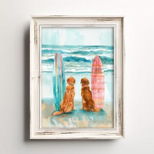 Goldens Watch The Surf | Cute Ocean Dog Lover Art | Fun Girly Pink Whimsical Painting | Coastal Beach Waterdogs | Colorful Pastel Watercolor