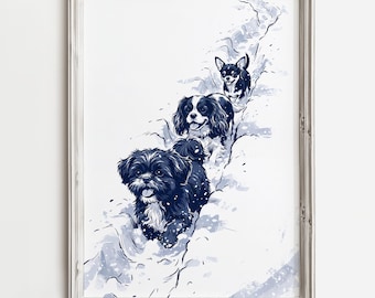 Snowy Dog Path | Snowy Winter Season Artwork | Cute Festive Dogs | Cottage Cabin Decor | Blue Sketch Art | Dog Lover Print