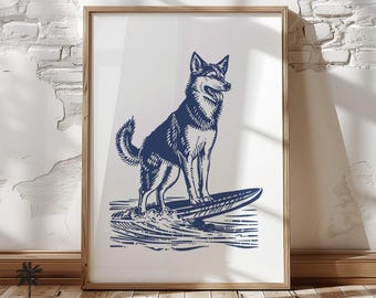 May include: A blue and white illustration of a dog surfing on a wave. The dog is a husky with a black and white coat. The dog is standing on a surfboard with its front paws on the board and its back paws in the water. The dog is looking to the right. The wave is crashing behind the dog.