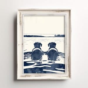 Water Dogs Wading | Swimming In The Lake | Happy Water Dogs | Lake Pup Art | Cottage Wall Decor For Canine Lovers | Blue Sketch Print