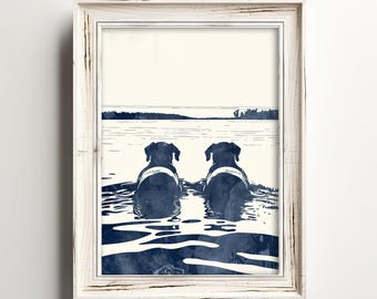 Water Dogs Wading | Swimming In The Lake | Happy Water Dogs | Lake Pup Art | Cottage Wall Decor For Canine Lovers | Blue Sketch Print
