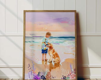 Ilustración de Golden Retriever: Impresión pastel de niño y perro junto a la playa - Mejores amigos costeros - Acuarela rosa colorida - Decoración de pared para casa de playa