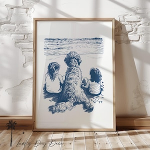 Happy Beach Doodle Laying With Girls - Vintage Coastal Home Print - Girls Love Dogs Room Wall Art Adorable Fun Dog Lover Navy Blue Sketch