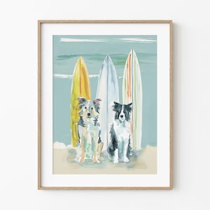 Surfhonden Australische herder | Zeehondenliefhebberkunst | Leuk grillig surferschilderij | Kuststrandwaterhonden | Kleurrijke pastelkleurige aquarel