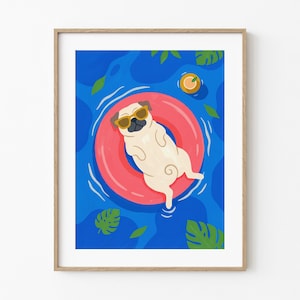 May include: A framed art print featuring a light-colored pug wearing yellow sunglasses, floating in a bright pink inner tube on deep blue water. The scene includes scattered green tropical leaves and a single orange slice floating nearby.