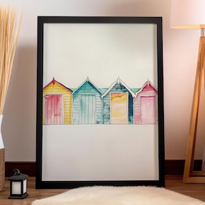 Four Coastal Huts On Beach | Colorful Sketch Art | Inspired Oceanside Print | Light Pastel Nautical Decor | Saltwater Beachside Island Art
