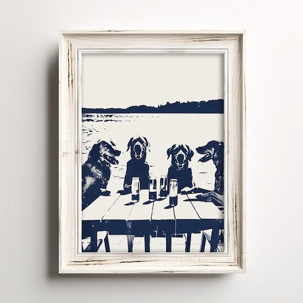 Happy Dogs op happy hour | Grappige meerhond kunstafdruk | Honden en bieren | Zomers decor strandhuisje | Hondenvader hondenliefhebber kunst | Blauwe schets