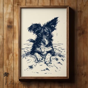 Border Collie Dog Lays In Sand | Vintage Coastal Print | Mans Best Friend Room Wall Art | Adorable Canine On Beach | Dark Navy Blue Sketch