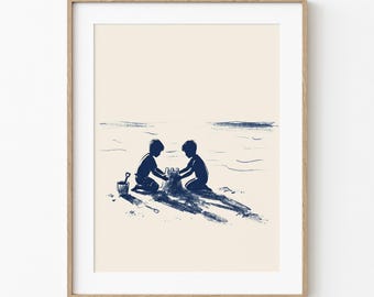 Sandcastle At Sunset | Island Life Home Decor | Vintage Navy Ink Drawing | Coastal Wall Art | Tropical Ocean Lover | Beach House Condo