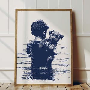 Puppy Safe In Boys Arms | Cute Coastal Vintage Print | Doodle Dog Art | Beach Nursery Room Wall | Adorable Home Decor | Navy Blue Sketch