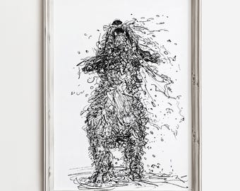 Whimsical Wet Dog Shaking  | Black & White Sketch | Fun Summertime Dog Art | Happy Dog Lover Print | Lake Coastal Cottage Water Decor