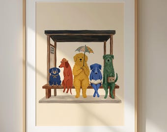 Five Dogs at Bus Stop | Charming Cream Neutral Art | Whimsical Colorful Hallway Decor | Dog Lover Gift | Ready To Frame Print