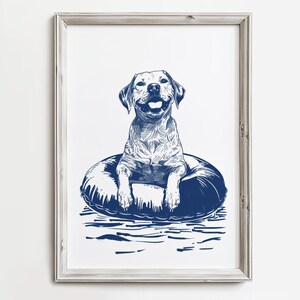 Happy Dog In Tube - Summertime Dog Sketch Art Print for Dog Lovers - Coastal Cottage Water Decor - Lake Days Home Art - Floating Fun Dogs