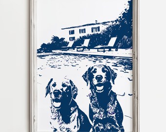 Happy Labradors Poolside | Pool Dog Artwork | Fun Water Dogs Sketch | Labrador Retriever Art | Summertime Beach Cottage Decor | Blue Sketch