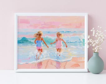 May include: Two girls in swimsuits run towards the ocean waves on a sandy beach. The sky is a soft pink and blue, and the water is turquoise.