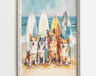 犬の油絵【海岸と犬】1点物の原画/作者サイン入り サーフィンする犬のポーズ | 海のサーファー犬好きアート | 楽しい