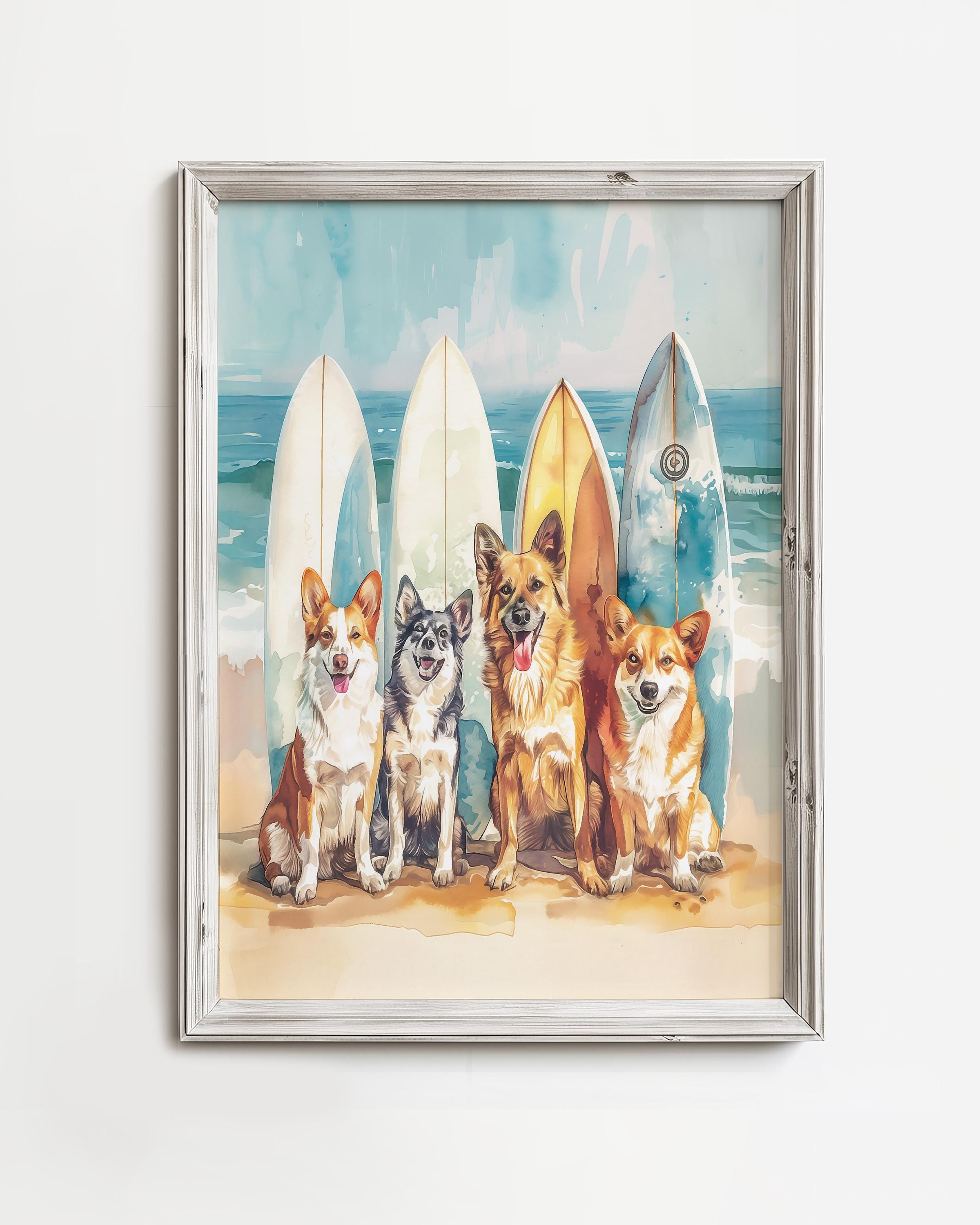 サーフィンする犬のポーズ | 海のサーファー犬好きアート | 楽しい