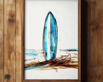 Puede incluir: Una tabla de surf azul y blanca con un marco de madera marrón. La tabla de surf está de pie en una playa con olas en el fondo.