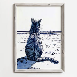 Peaceful Beach Cat | Beach Cat Art | Whimsical Fun Coastal Cats | Summertime Sea Decor | Ocean Home Condo Wall Art | Blue On White Sketch