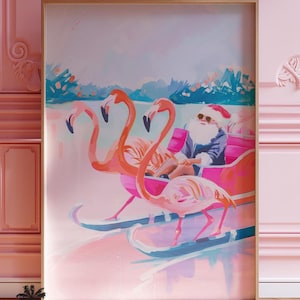 Santa Flamingo Ride - Pastel Pink Christmas Wall Art - Festive Winter Flamingo Santa Ride - Winter Holiday Painting Festive Christmas Decor