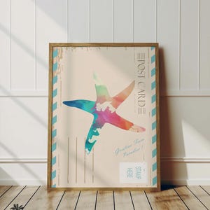 Postal de estrellas de mar coloridas / Impresión de arte de pared costero vintage / Decoración de vida marina / Arte de guardería con estrellas de mar / Baño de playa para niños