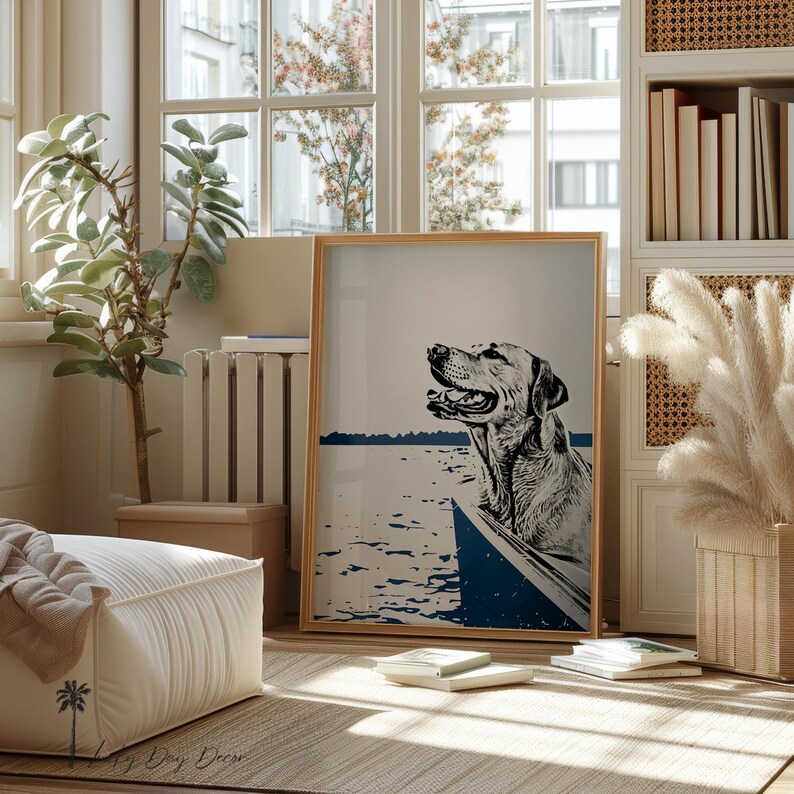 May include: A black and white illustration of a dog in a boat on a body of water. The dog is looking up and smiling. The background is a light blue color.
