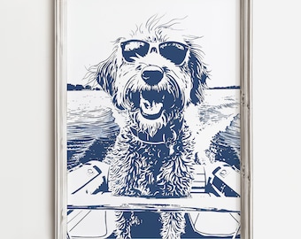 Boating Golden Doodle in Shades | Happy Dog Life | Summertime Sketch Art | Coastal Cottage Decor | Boat House Artwork | Print for Dog Lovers