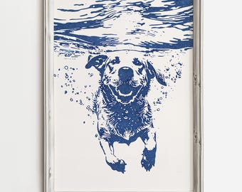 Labrador Underwater | Coastal Dog Sketch Art | Fun Wall Art for Dog Lovers | Blue Sketch | Waterdog Lake Dog Print | Labrador Retrievers
