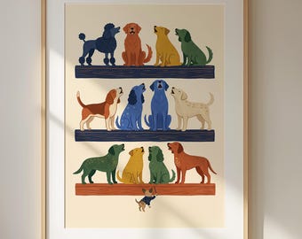 Singing Dog Choir on Shelves | Joyful Colorful Music Art | Whimsical Playroom Decor | Dog Lover Gift | Ready To Frame Print