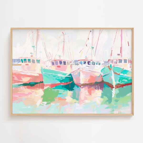 Shrimp Boats Parked | Colorful Soft Pastel Painting | Watercolor Artwork | Nautical Seascape Wall Decor | Ocean Bay Gulf Home Decor