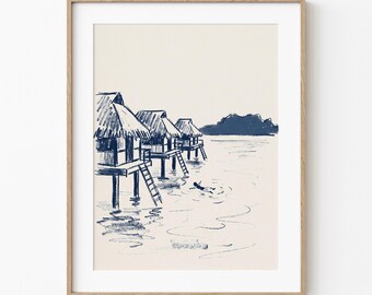 Overwater Bungalow Resort | Island Life Home Decor | Vintage Navy Ink Drawing | Coastal Wall Art | Tropical Ocean Lover | Beach House Condo