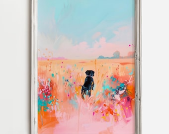 Könnte beinhalten: Ein schwarzer Hund steht in einem Feld mit rosa, orangefarbenen und blauen Wildblumen. Der Hund blickt in Richtung Horizont, der hellblau mit ein paar Wolken ist. Der Himmel ist hellblau mit ein paar Wolken.