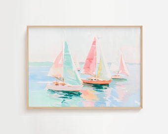 Sailboats On The Sea - Colorful Boats Painting - Coastal Pastel Wall Art for Beach House Decor & Summer Vibes, Pink Abstract Ocean Art