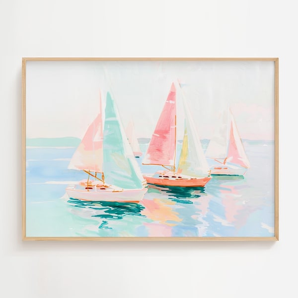 Sailboats On The Sea - Colorful Boats Painting - Coastal Pastel Wall Art for Beach House Decor & Summer Vibes, Pink Abstract Ocean Art