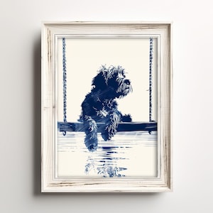 May include: A black and white illustration of a dog sitting on a swing. The dog is looking to the right and the background is a light blue watercolor wash.