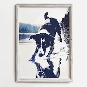Border Collie Waterplay | Summer Lake Dog Art | Cute Waterdog Print | Home Wall Decor For Dog Lovers | Blue Color Sketch | Beach Cottage