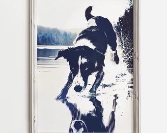 Border Collie Waterplay / Arte con cane da lago estivo / Stampa con simpatico cane da acqua / Decorazione murale per amanti dei cani / Schizzo di colore blu / Cottage sulla spiaggia