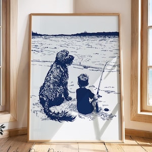 Happy Beach Dog | Fishing With Boy | Vintage Coastal Home Print | Nursery Children's Room Wall Art | Adorable Best Friend | Navy Blue Sketch
