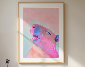Dromerige lachende capibara | Kleurrijk pastelschilderij | Leuke grillige roze dierenprint | Capibara-liefhebber cadeau | Schattige print meisjeskamer