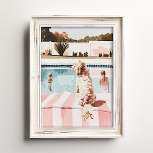Golden Doodle Watches Kids Swim | Fun Summer Canine Art | Retro Family Pool Print | Whimsical Pastel Painting |  | Wall Decor For Dog Lovers