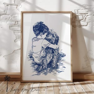 Happy Beach Dog Days Hugged By Boy - Vintage Coastal Home Print - Nursery Boy Children Room Wall Art Adorable Fun Dog Lover Navy Blue Sketch