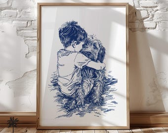 May include: A blue line drawing of a boy hugging a dog. The boy is wearing a t-shirt and the dog is a scruffy breed. The drawing is on a white background.