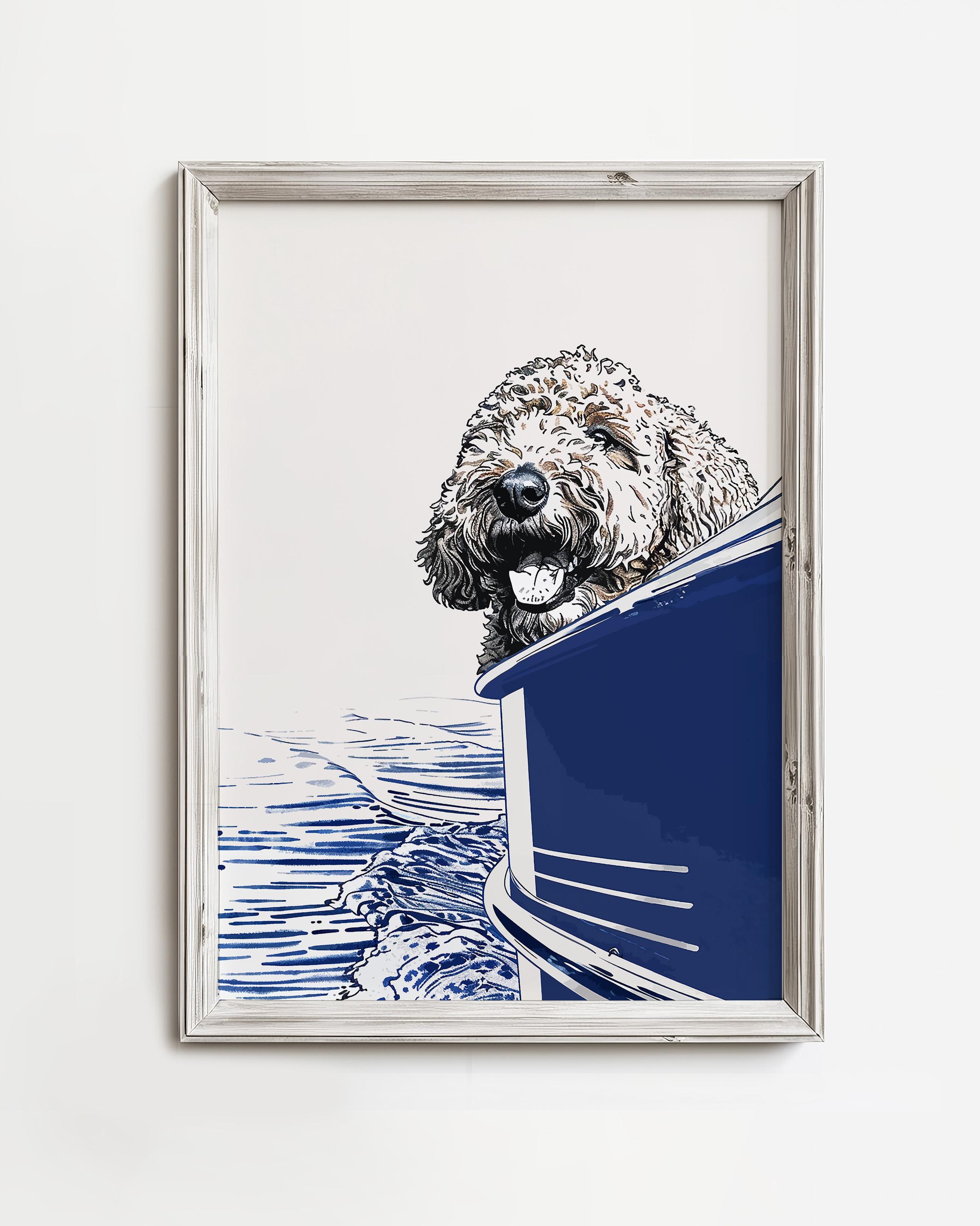 Golden Doodle on Pontoon Boat Ride | Summertime Lake Dog Sketch