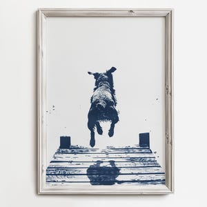 Running Lake Dog | Summer Lake Dog Art | Happy Cute Waterdog Print | Home Wall Decor For Dog Lovers | Blue Color Sketch | Beach Cottage