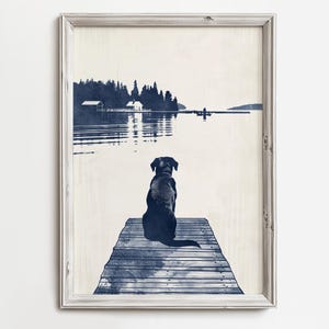 Black Labrador On Lake Dock - Summertime Dog Sketch Art - Happy Dog Lover Print - Lake Coastal Cottage Water Decor - Water Pups Home Art