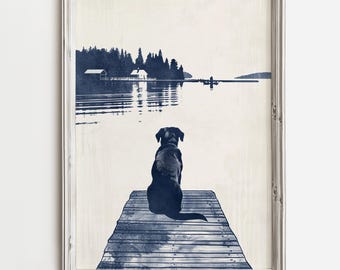 Black Labrador On Lake Dock - Summertime Dog Sketch Art - Happy Dog Lover Print - Lake Coastal Cottage Water Decor - Water Pups Home Art